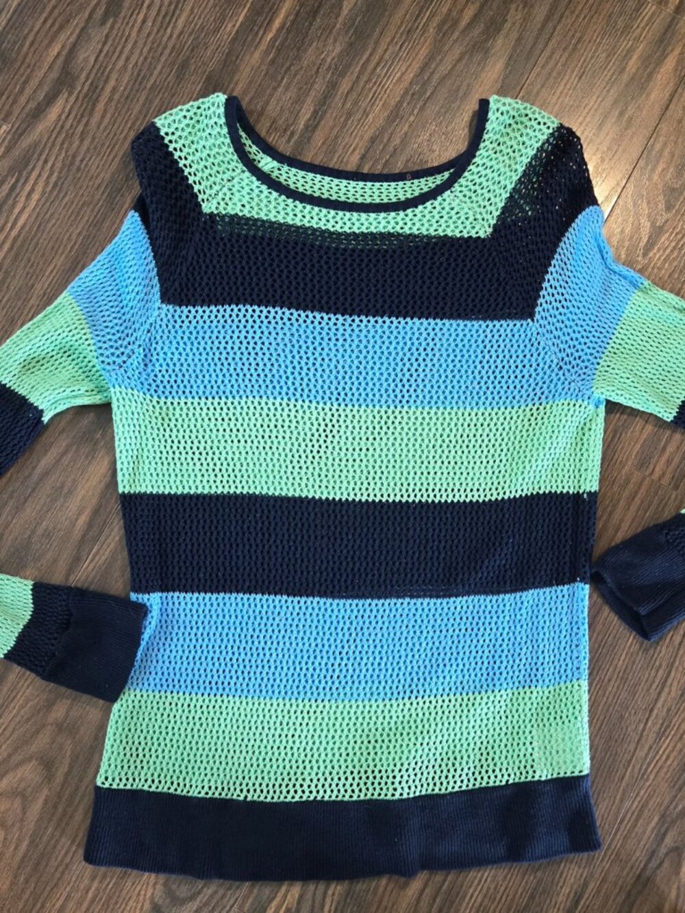 Nautical Style Rayon Open Knit Horizontal Striped Lightweight Sweater SIZE M/L
